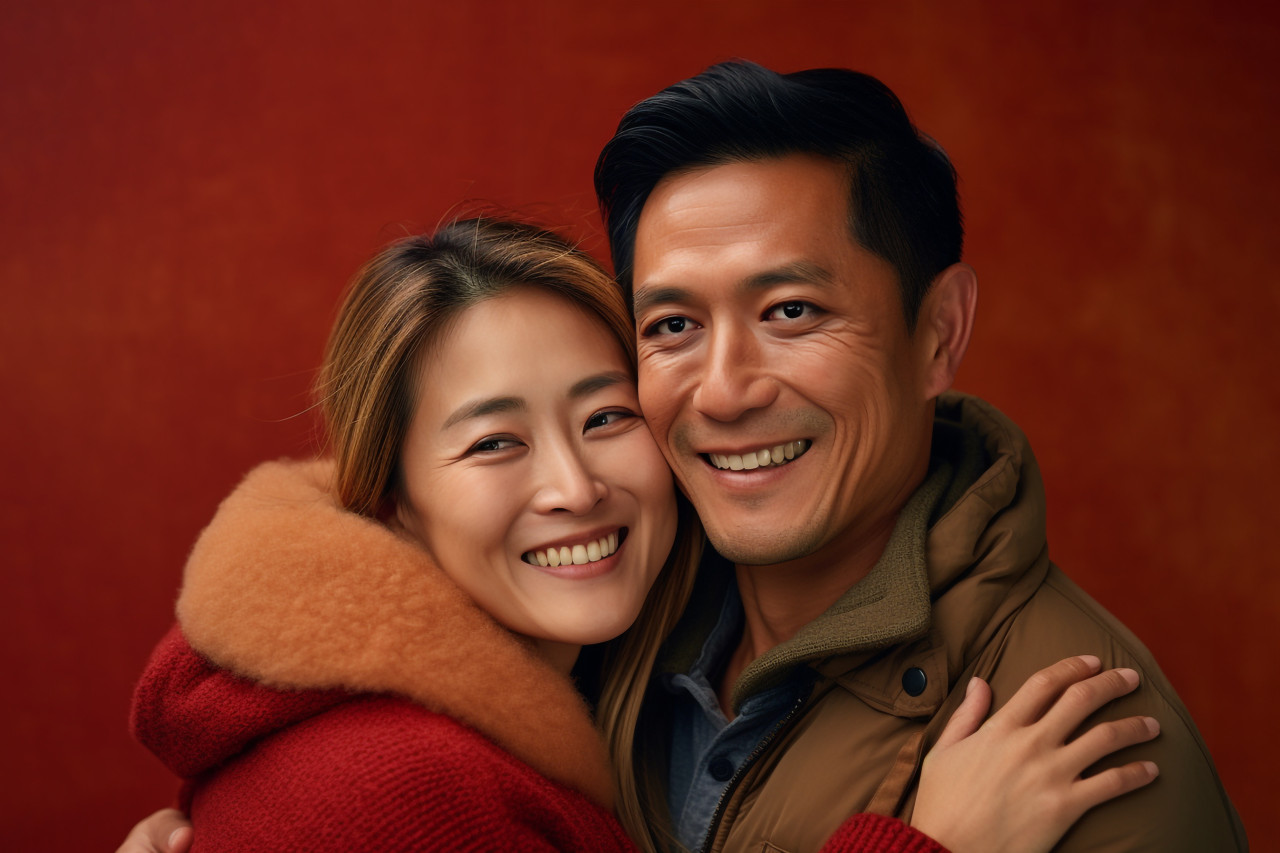 Happy asian couple hugging
