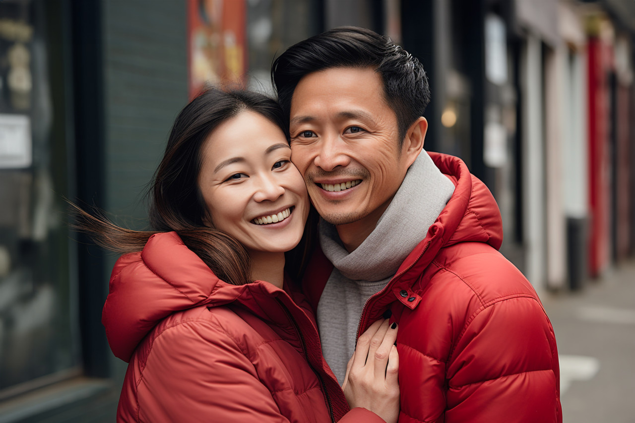 Happy asian couple hugging