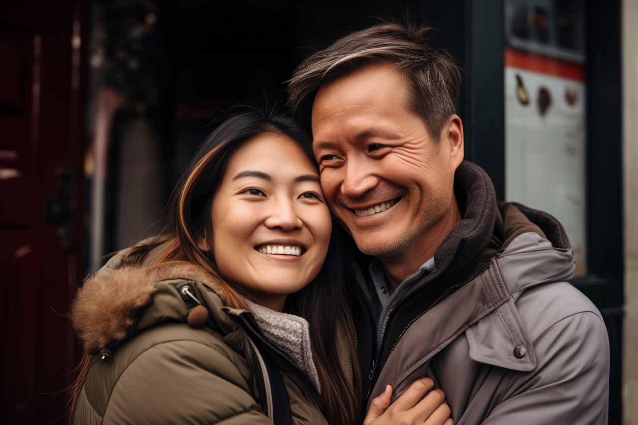 Happy asian couple hugging