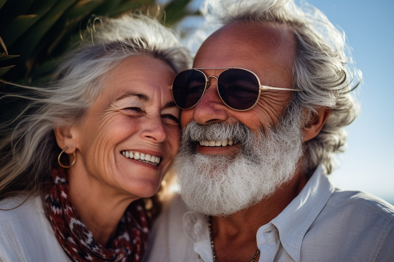 Happy older couple hugging dreaming of the future