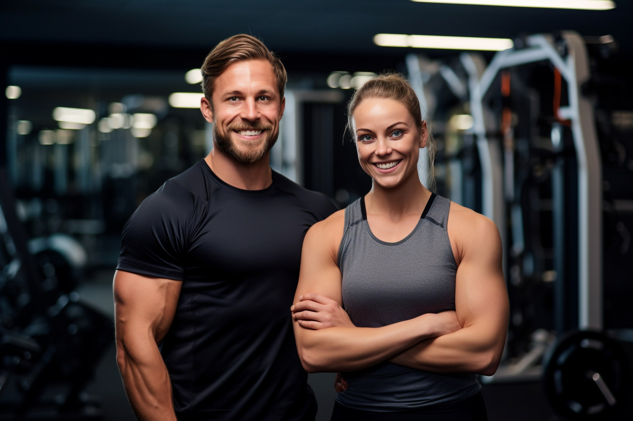 Happy fit couple showing muscles after gym workout