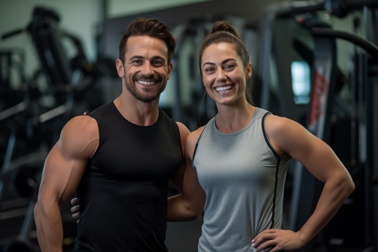 Happy fit couple showing muscles after gym workout