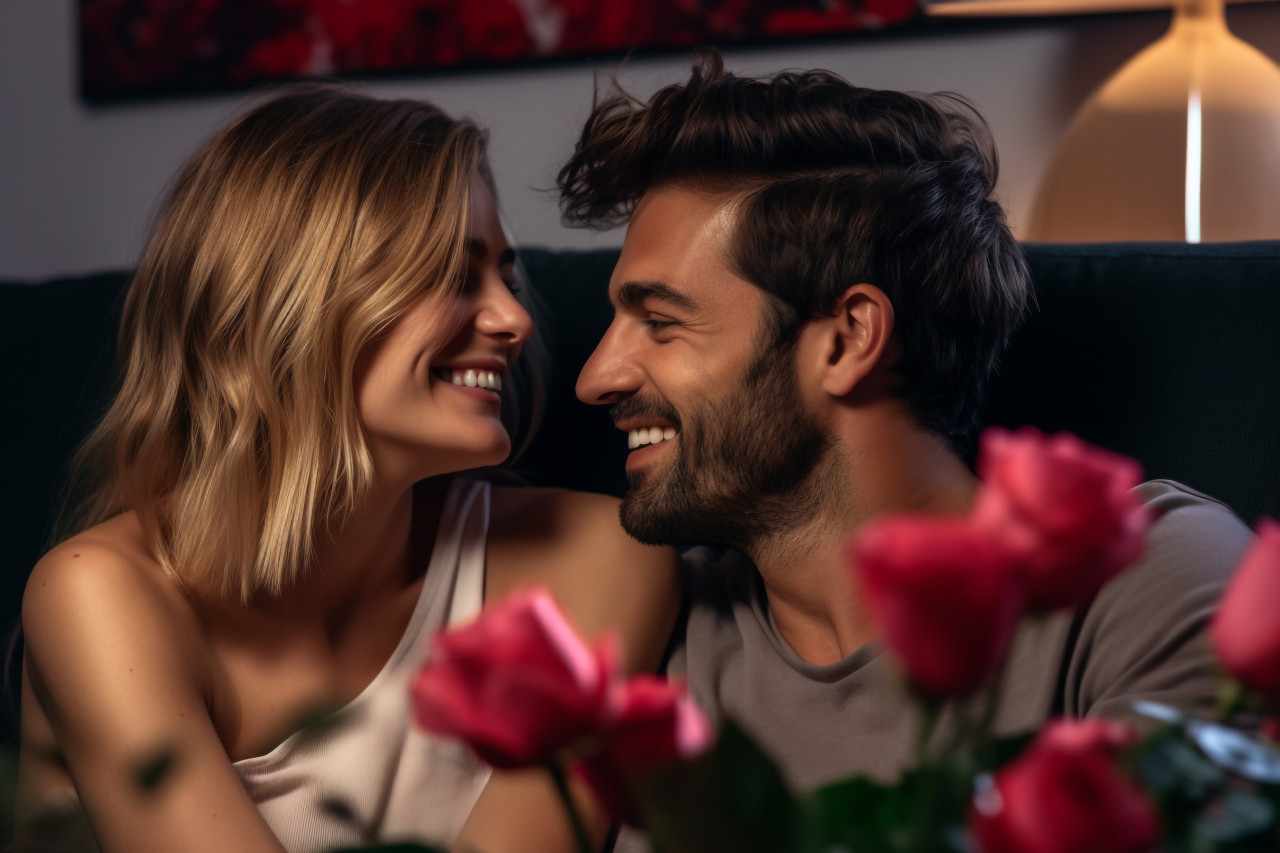 Happy young couple smiling at home