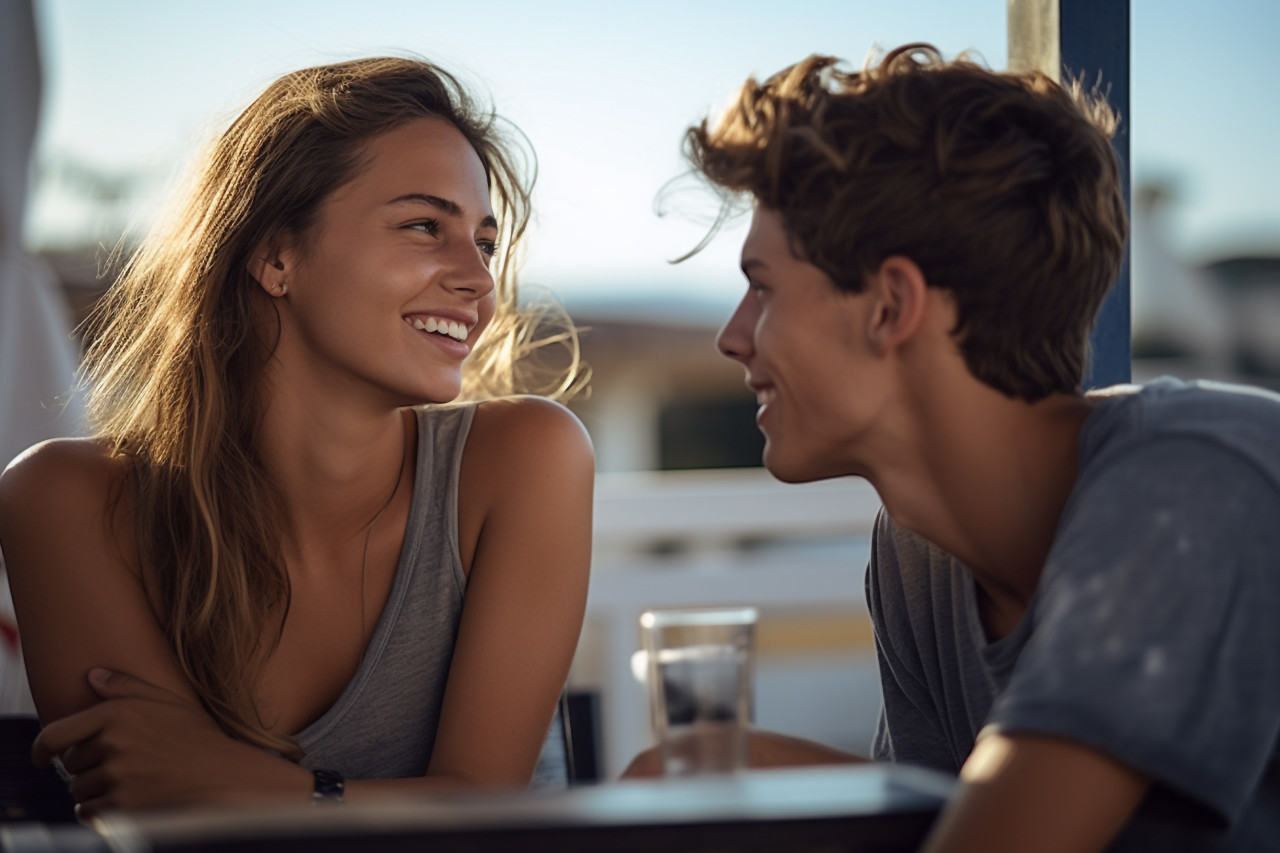 Young couple talking on balcony