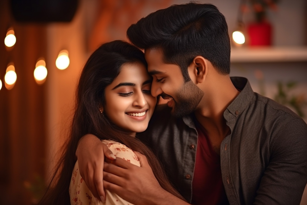 Young indian couple photo embracing and smiling in living room