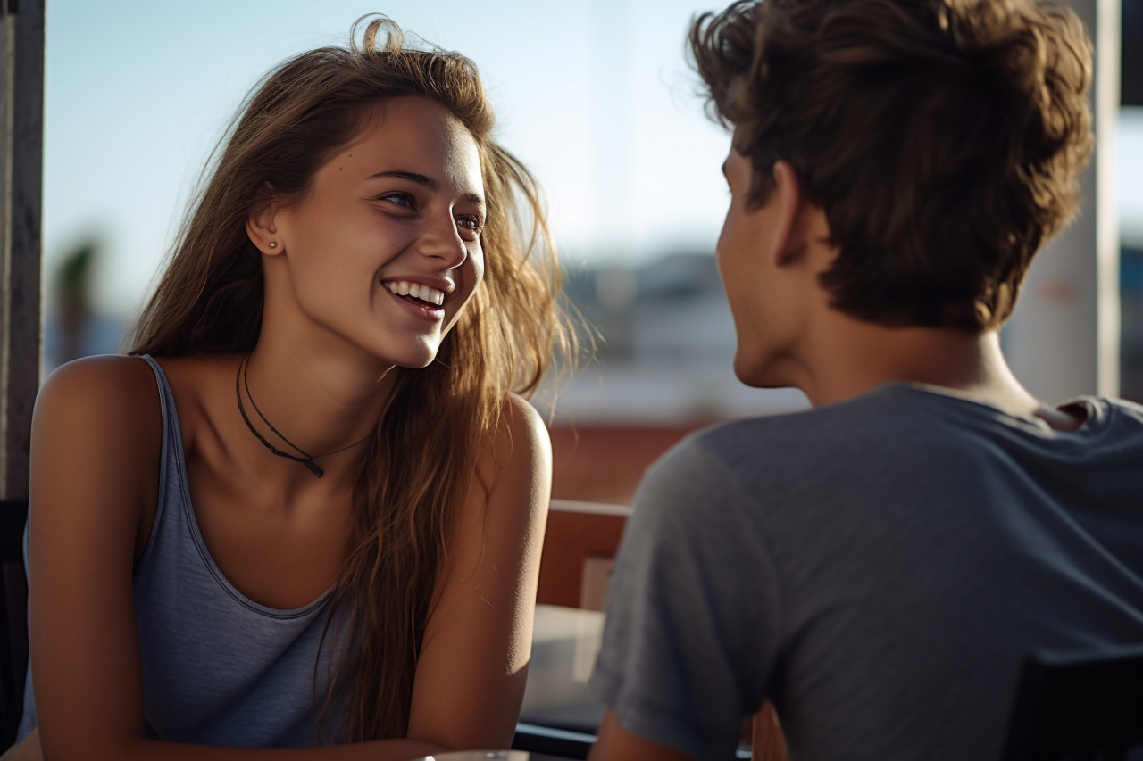 Young couple talking on balcony