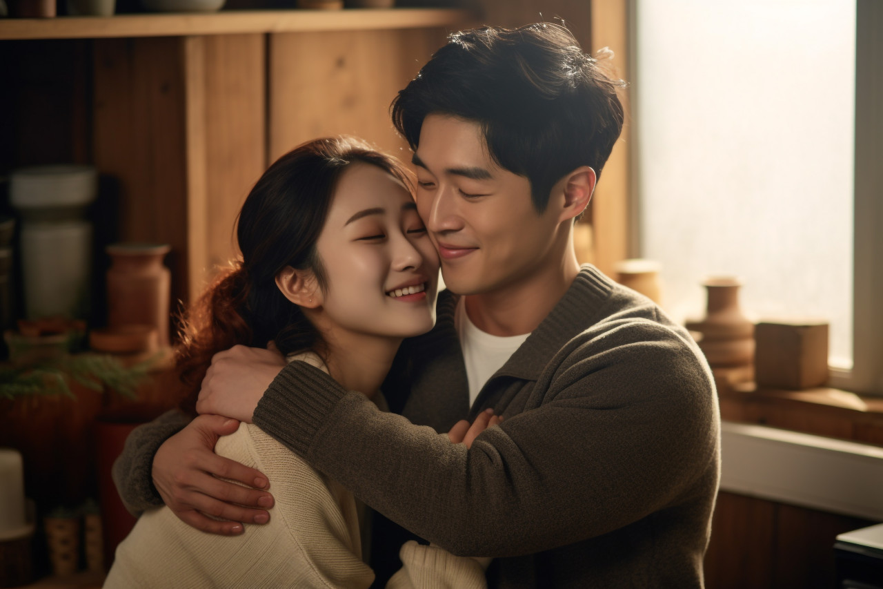 Asian couple hugging in living room