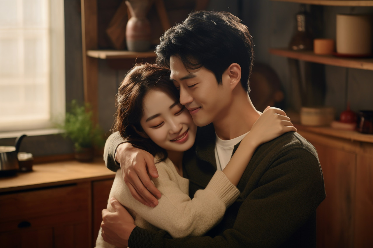 Asian couple hugging in living room