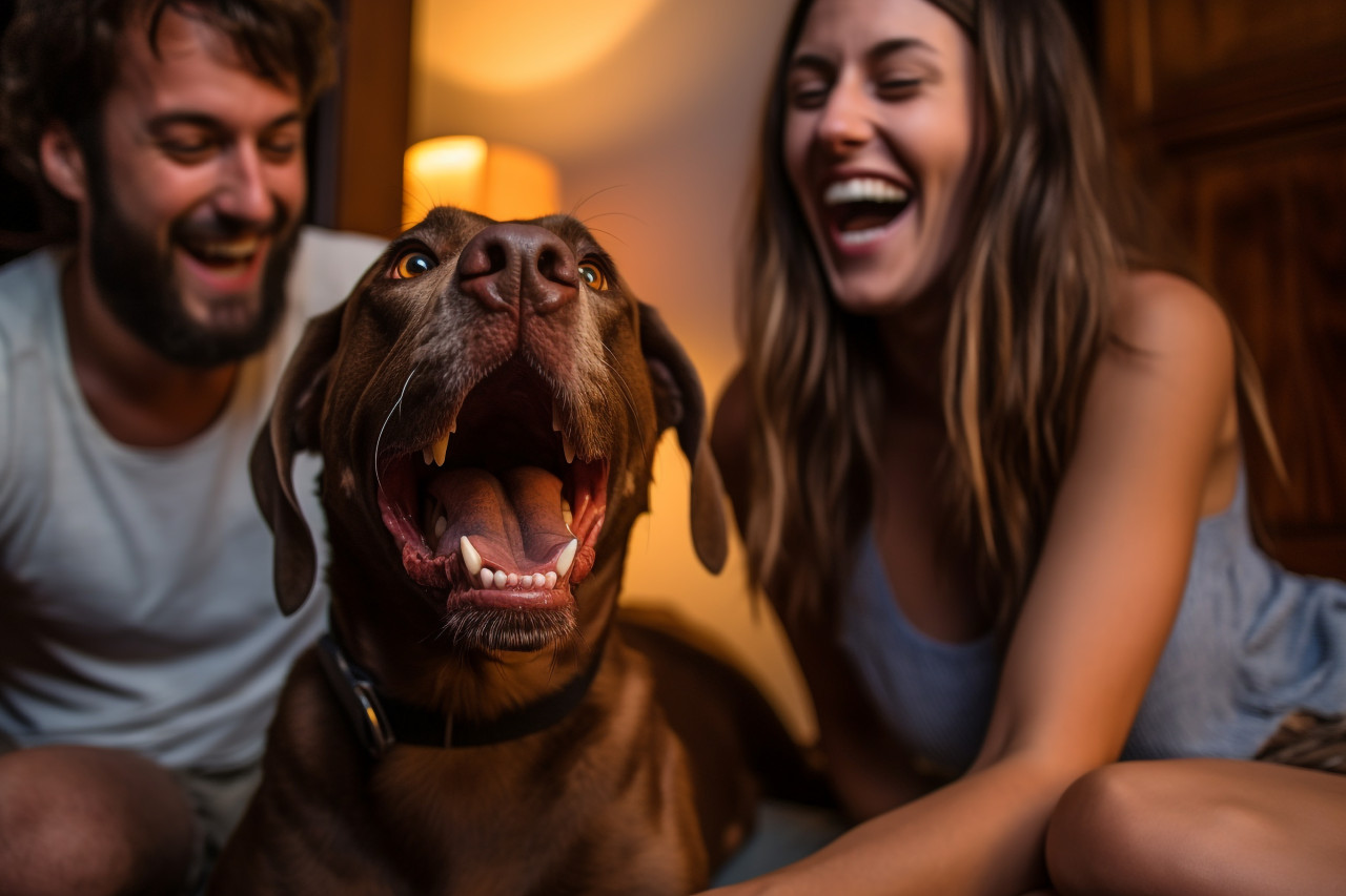 Couple with dog playing at home