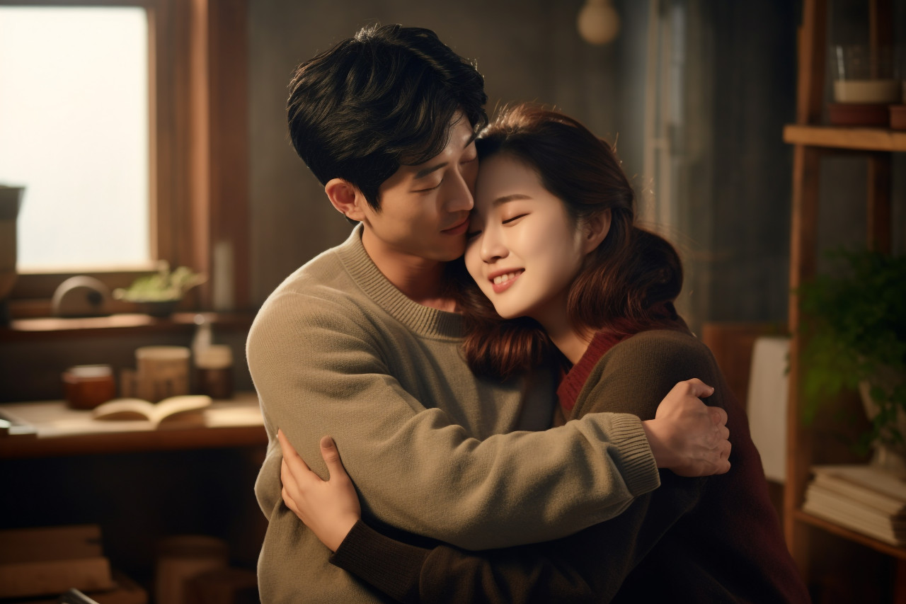 Asian couple hugging in living room