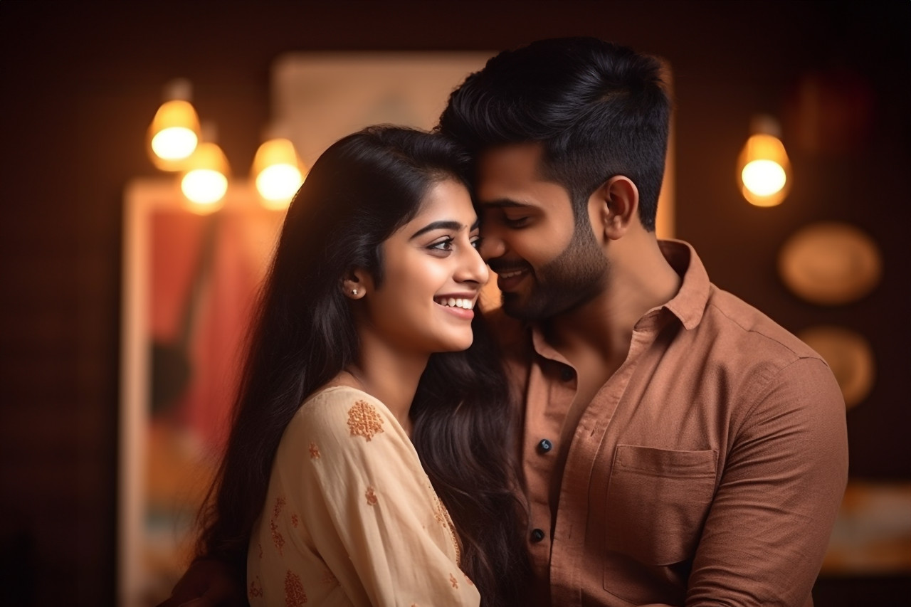 Young indian couple photo embracing and smiling in living room