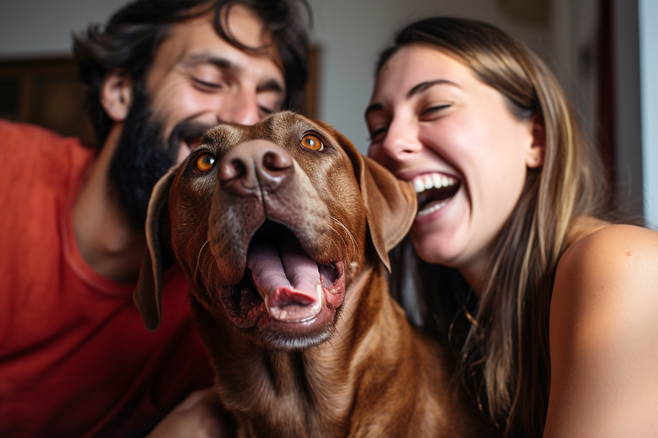 Couple with dog playing at home