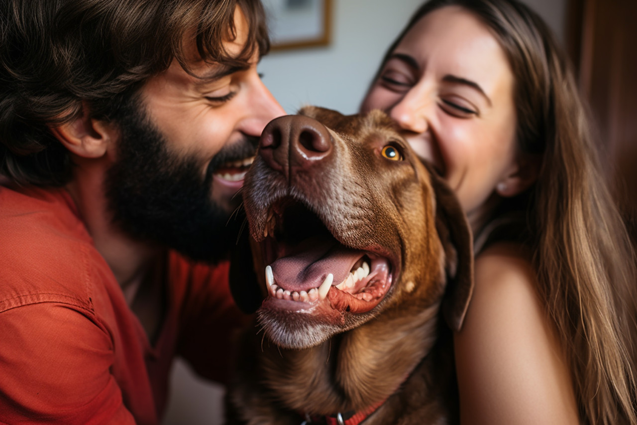 Couple with dog playing at home