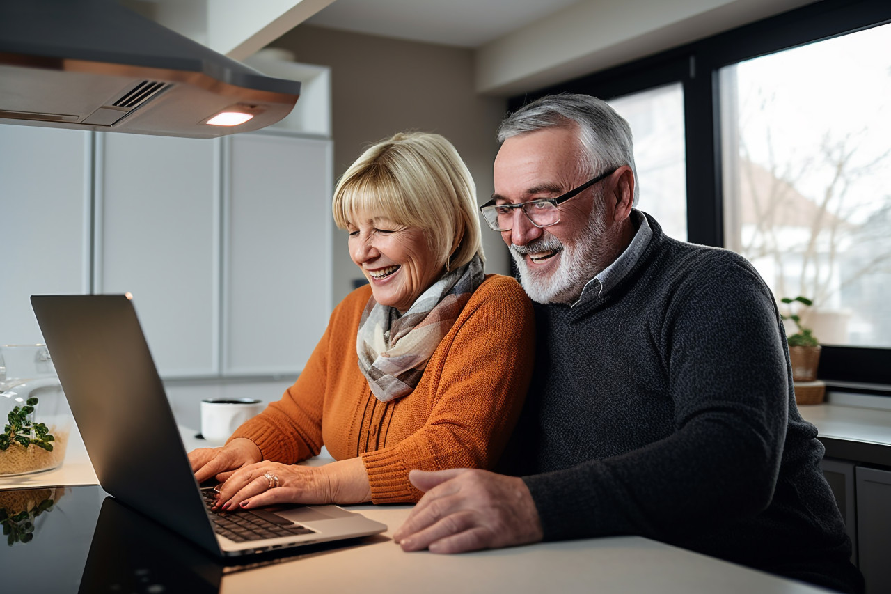 Happy older couple using laptop at home