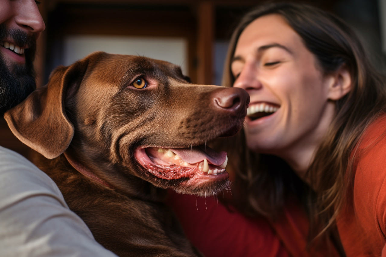 Couple with dog playing at home