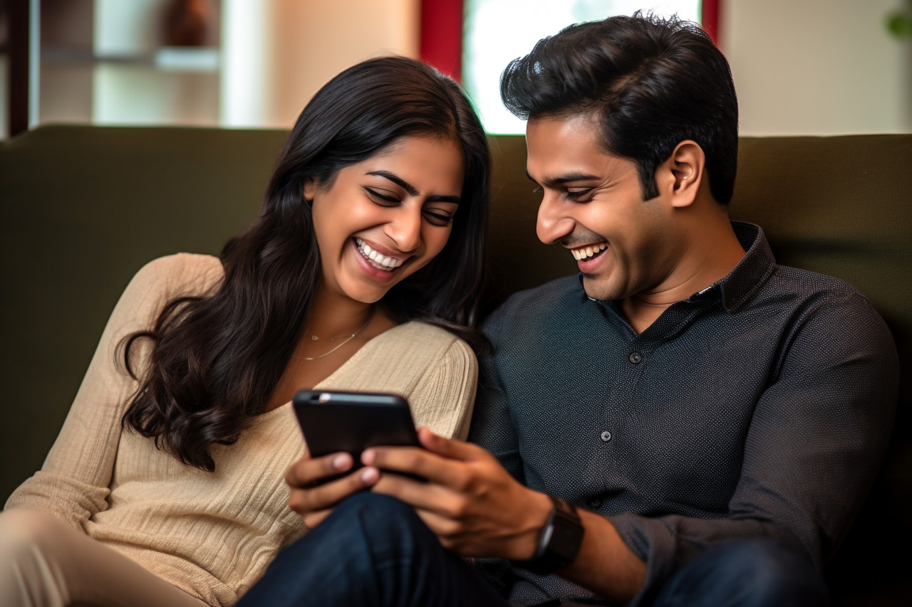 Happy indian couple laughing on sofa with smartphone