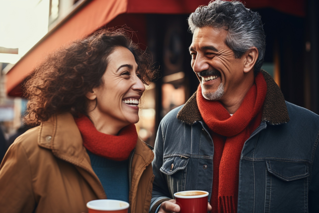 Happy hispanic couple drinking coffee