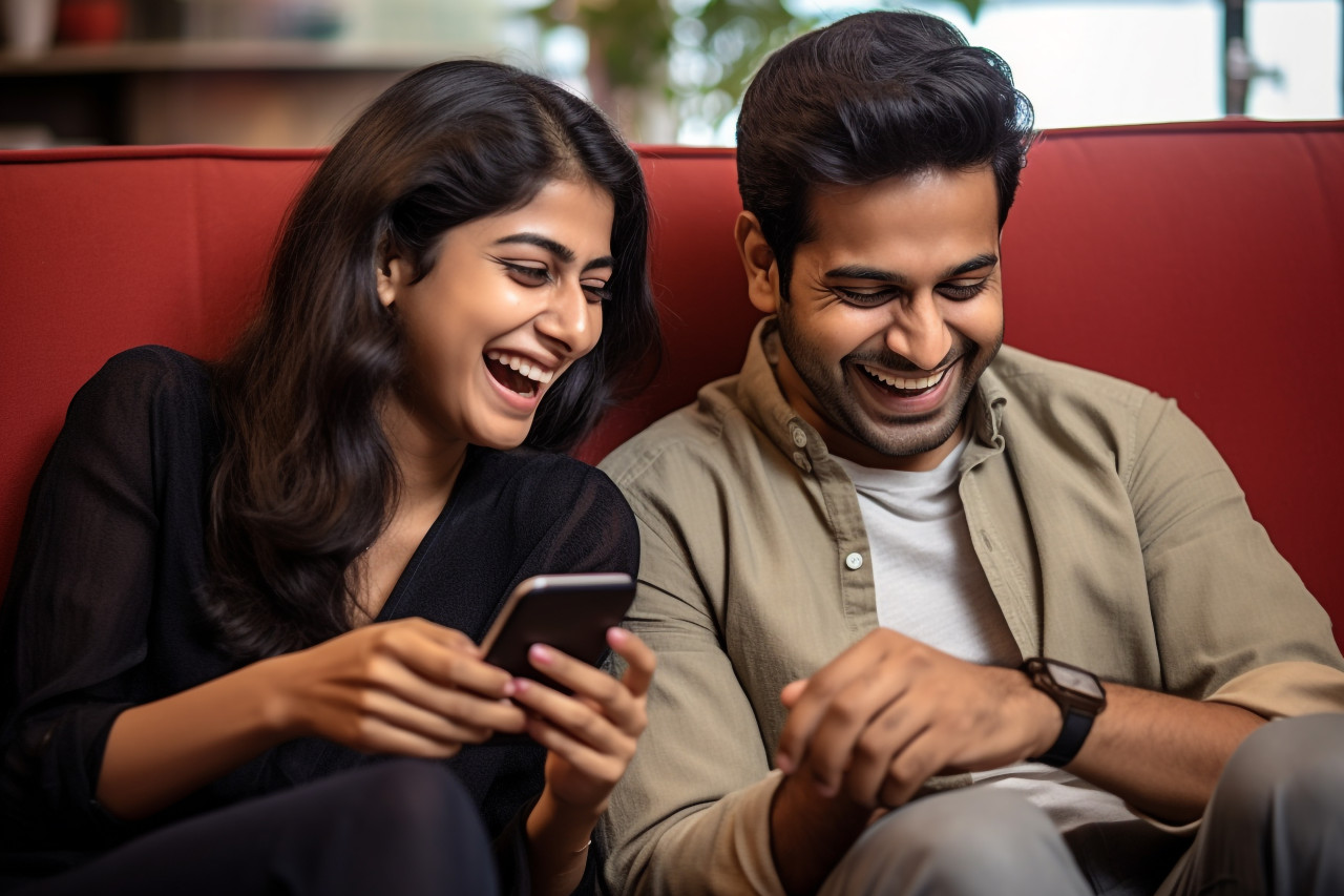 Happy indian couple laughing on sofa with smartphone