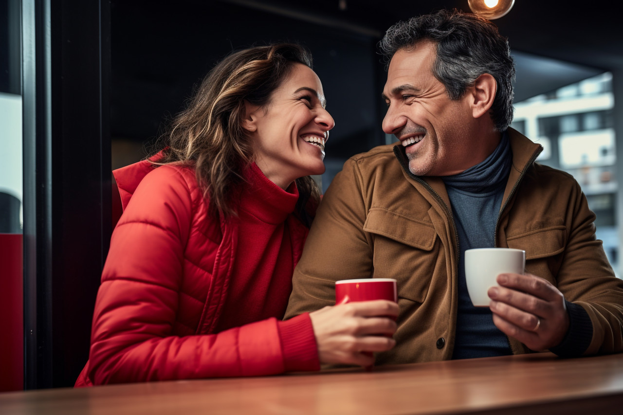 Happy hispanic couple drinking coffee