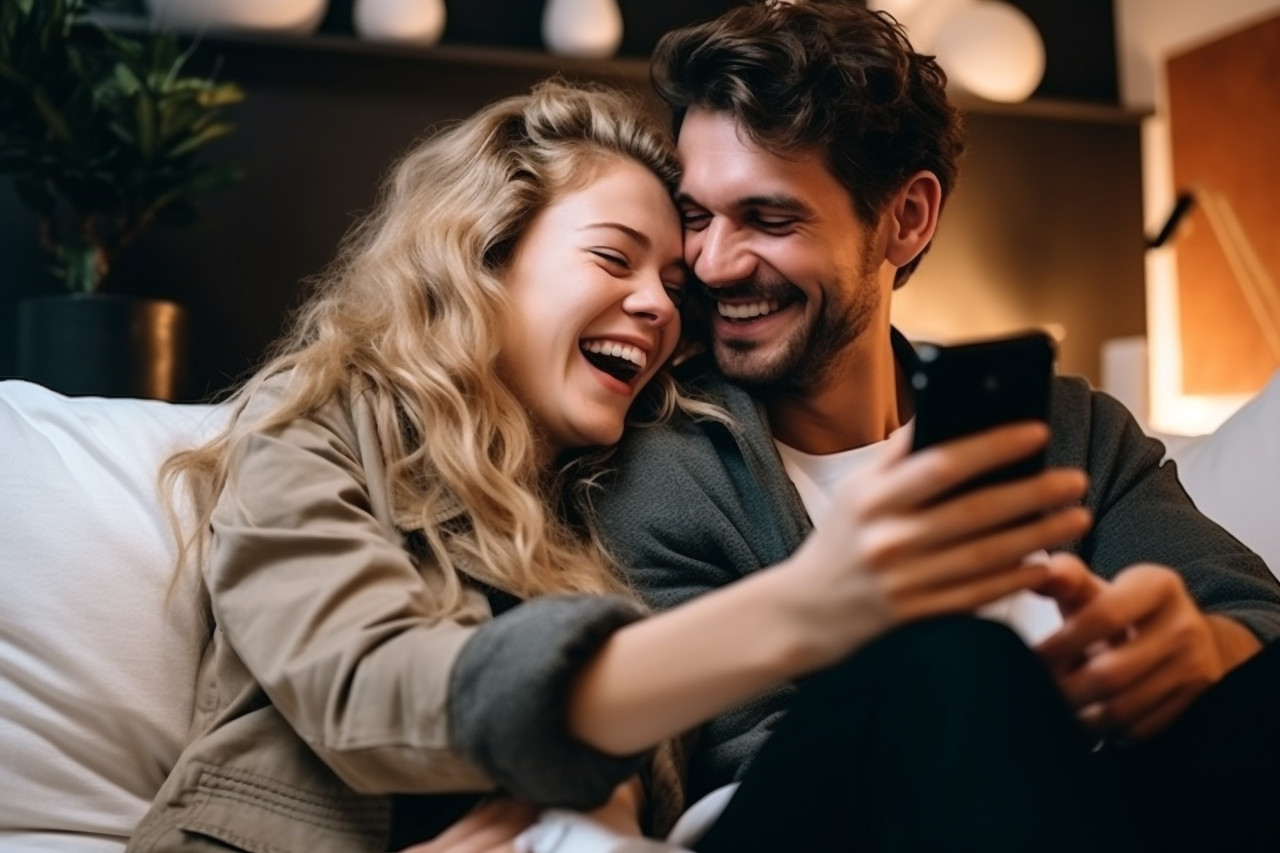 Happy couple hugging and using phone together