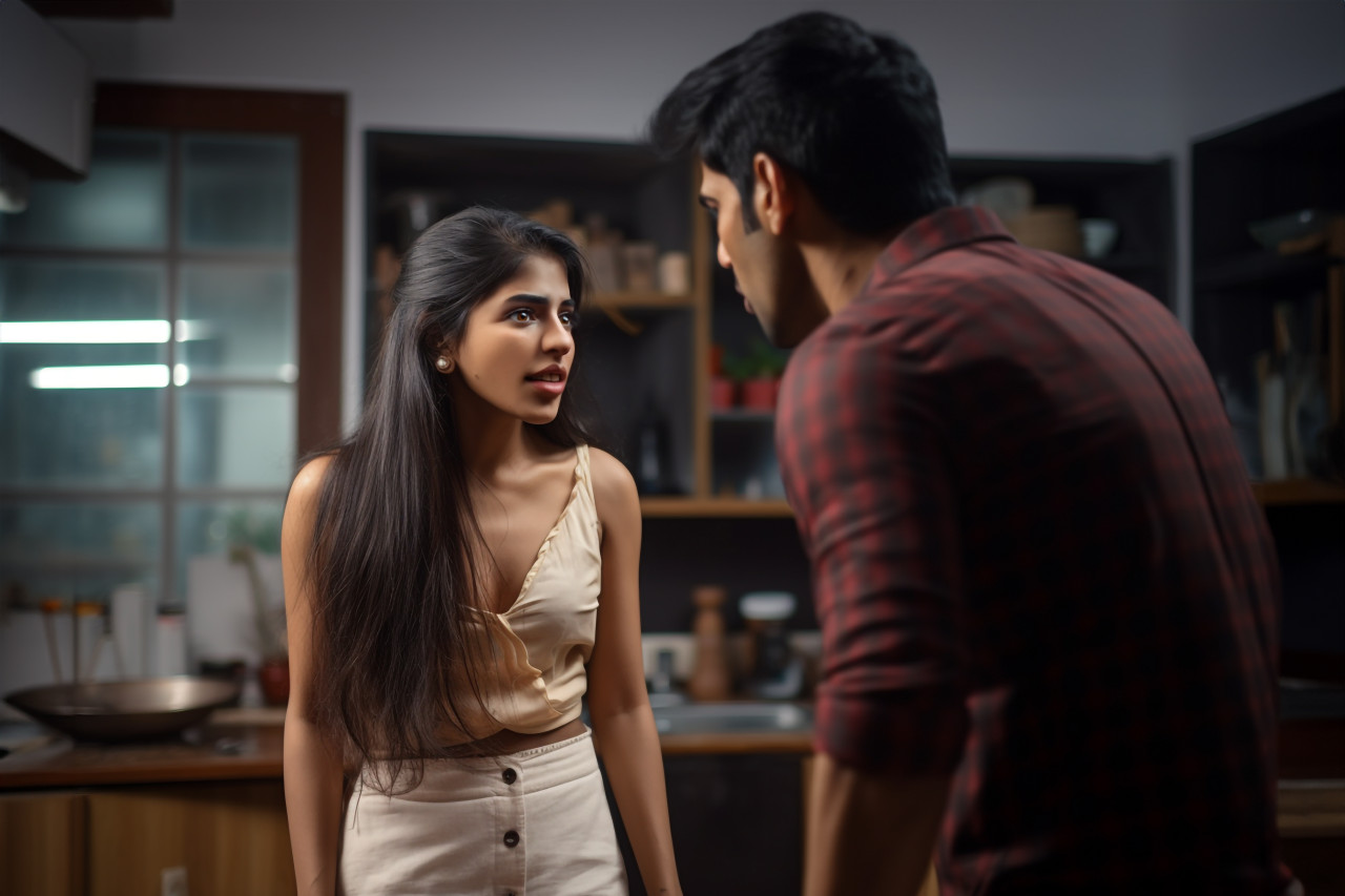 Angry indian couple shouting at each other at home