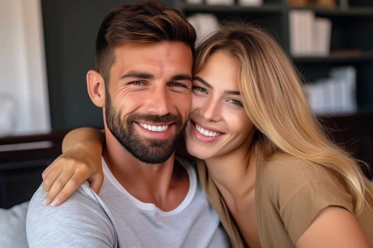 Cheerful eastern millennial couple cuddling at home