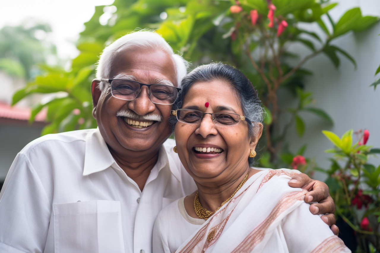 Happy indian elderly couple smiling together