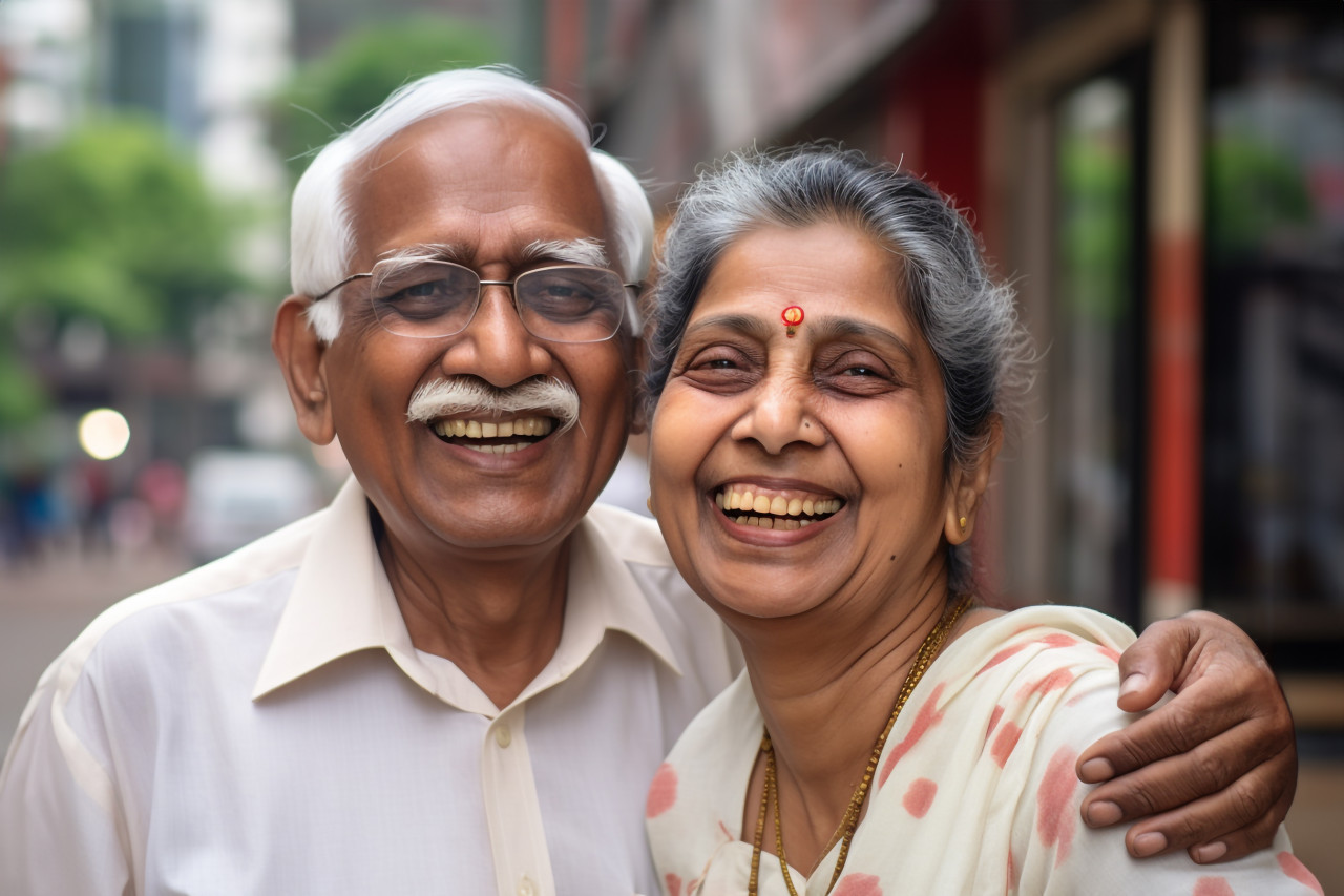 Happy indian elderly couple smiling together