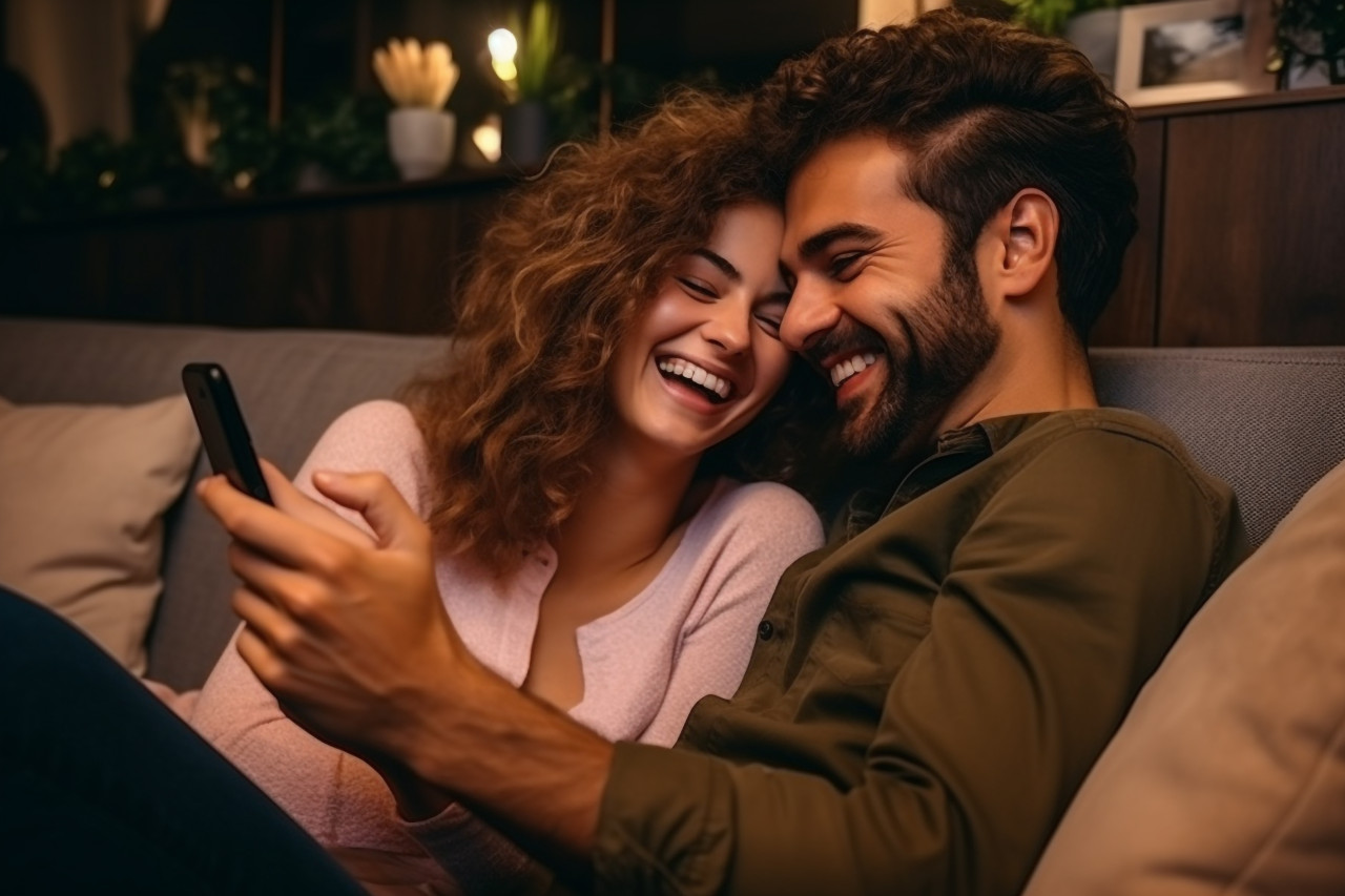 Happy couple hugging and using phone together