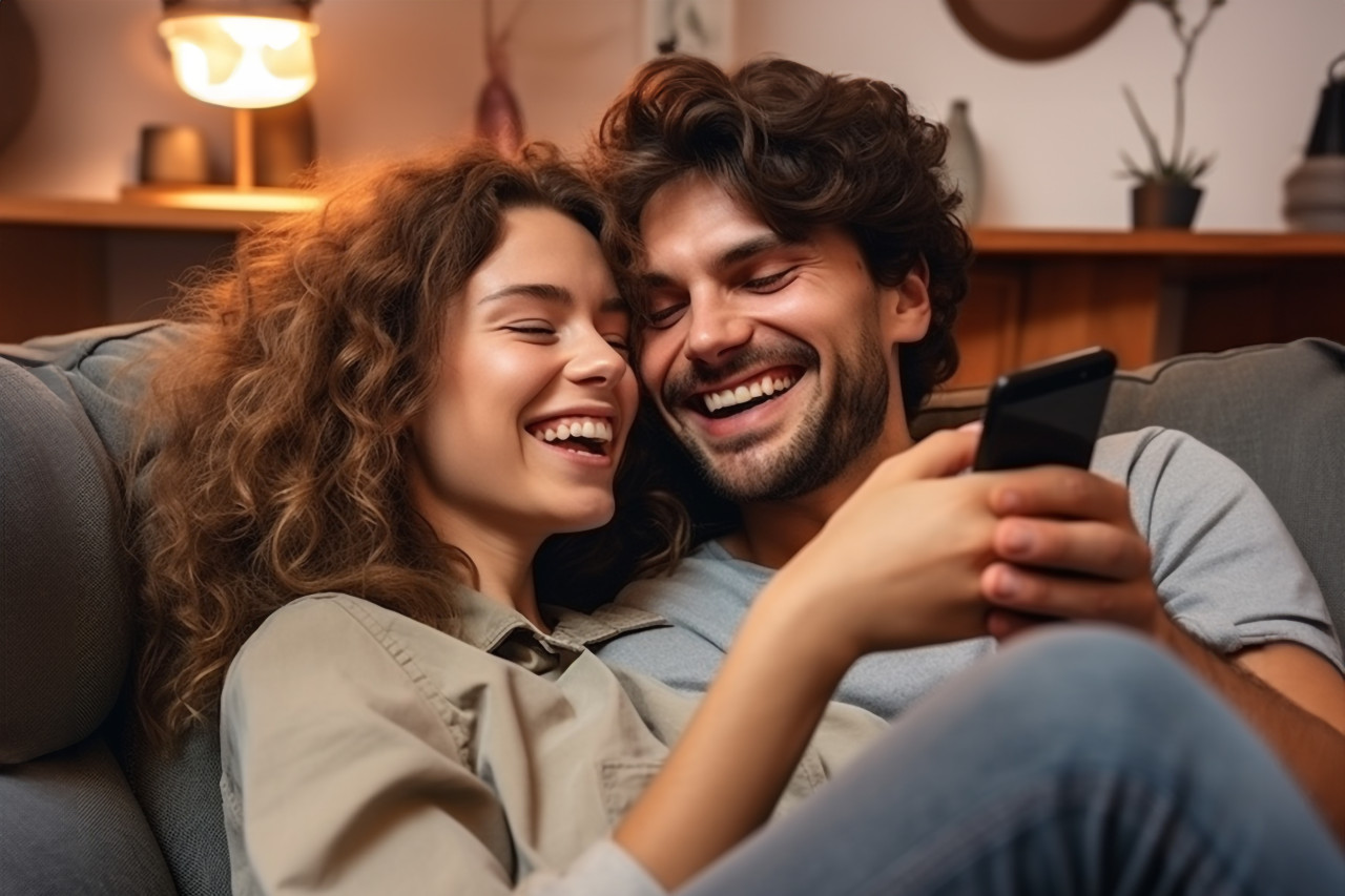 Happy couple hugging and using phone together