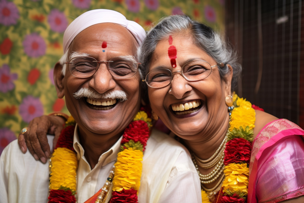 Happy indian elderly couple smiling together