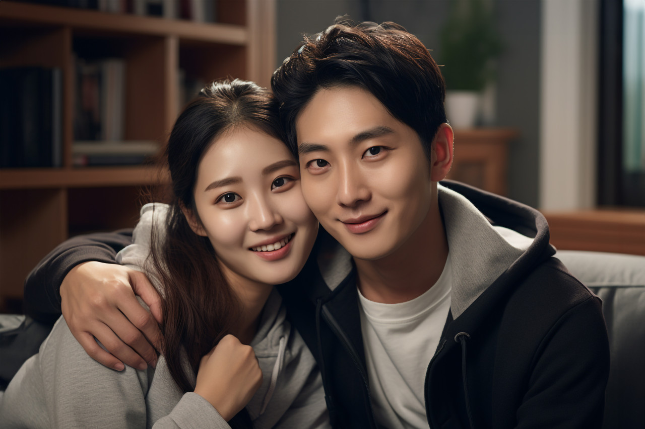 Photo of asian young couple at home smiling and happy