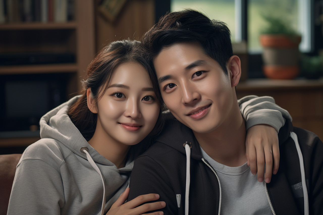 Photo of asian young couple at home smiling and happy