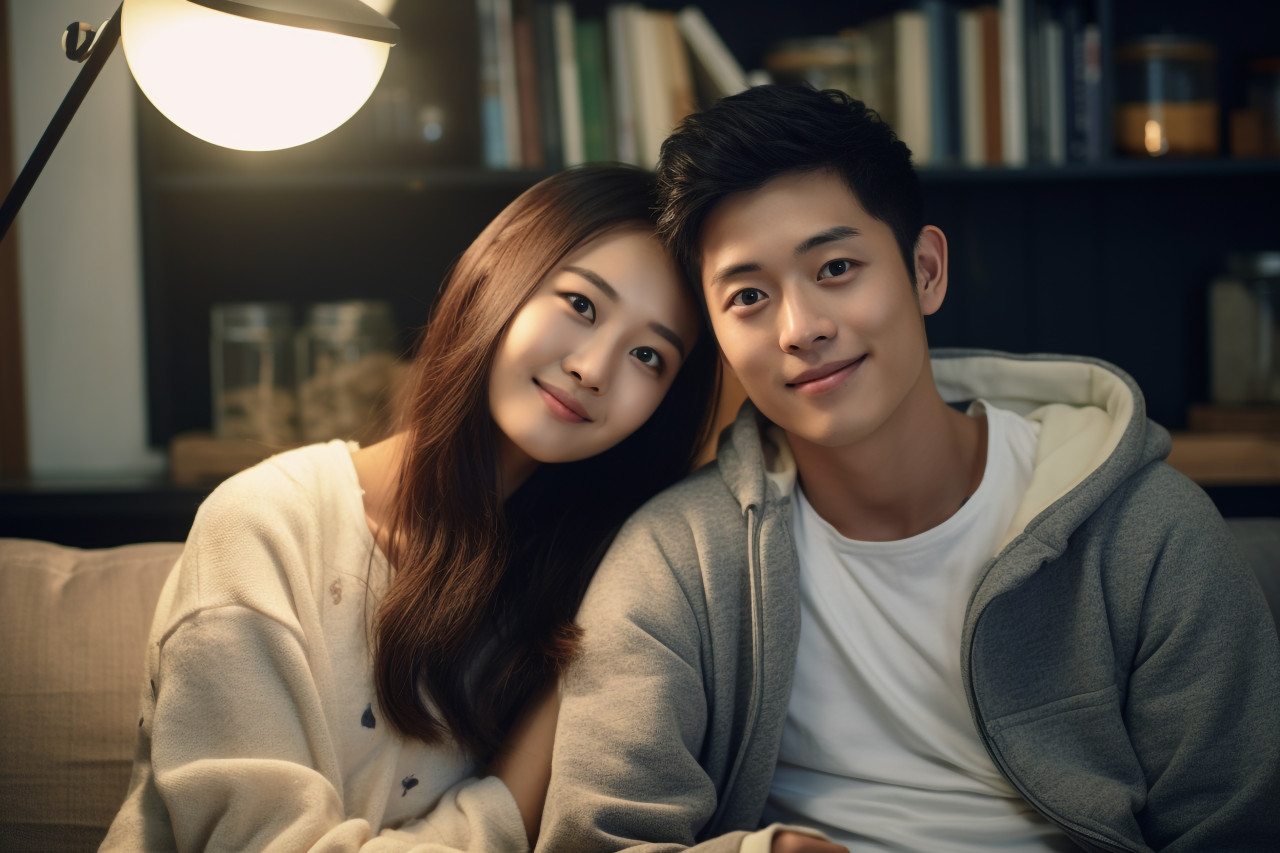 Photo of asian young couple at home smiling and happy