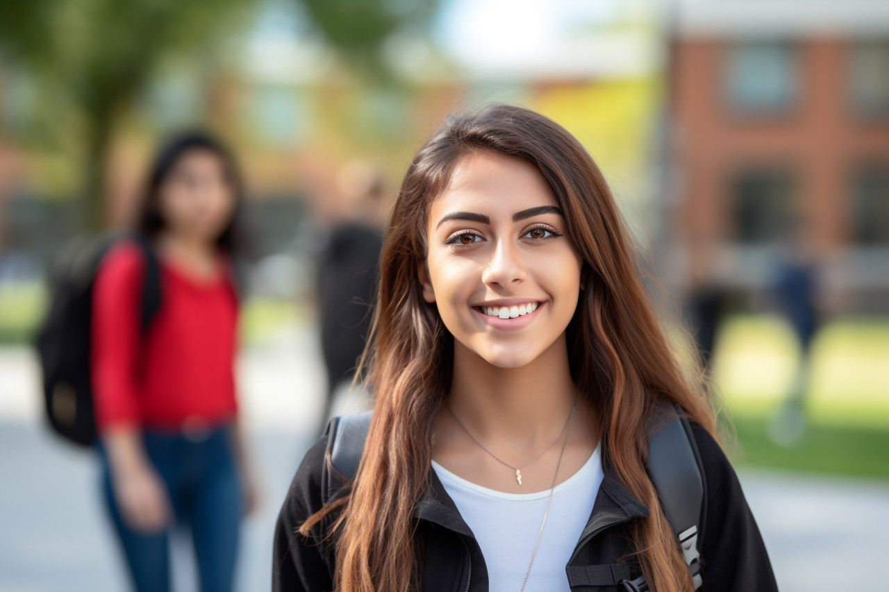 Photo of smiling latina college student or teacher at university