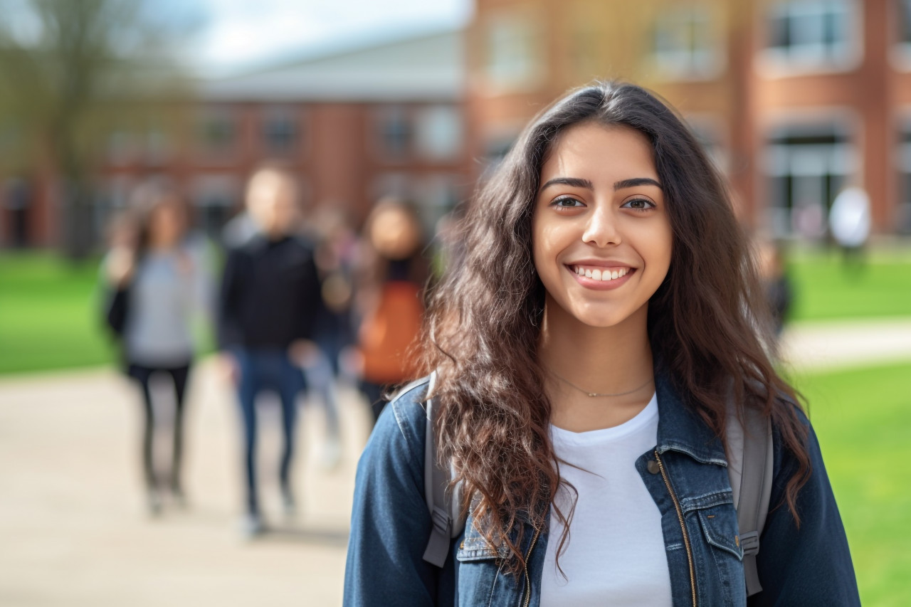 Photo of smiling latina college student or teacher at university