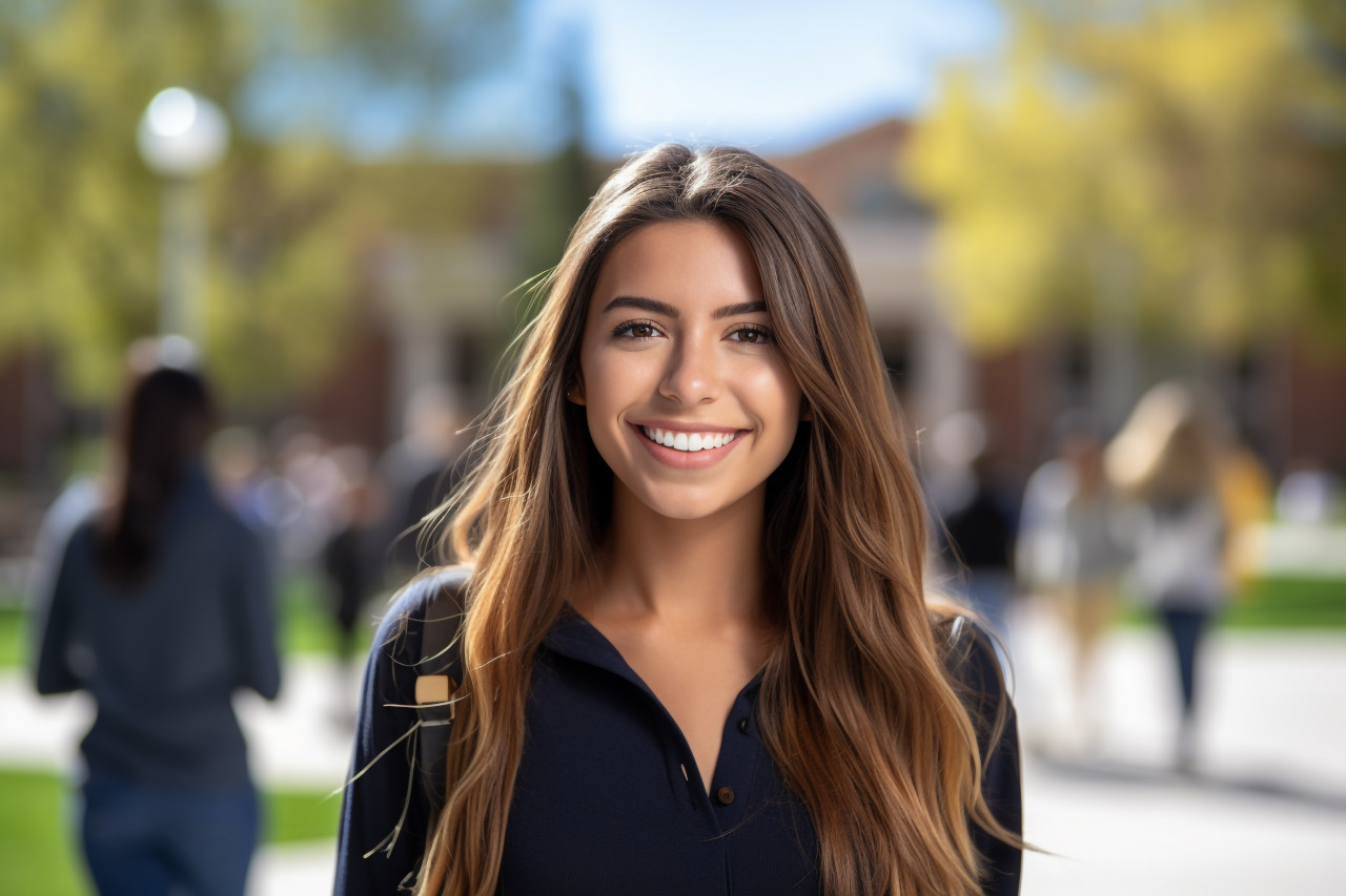 Photo of smiling latina college student or teacher at university