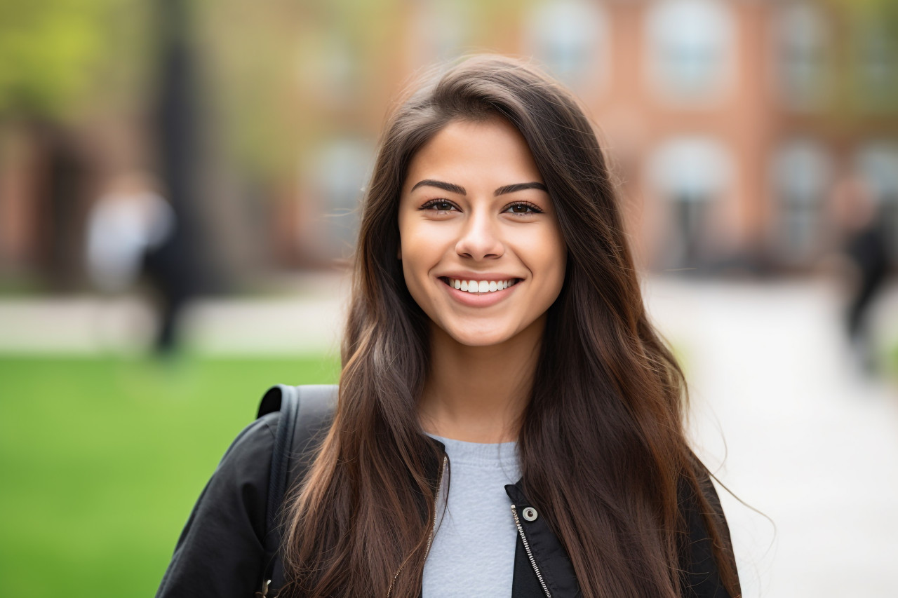 Photo of smiling latina college student or teacher at university