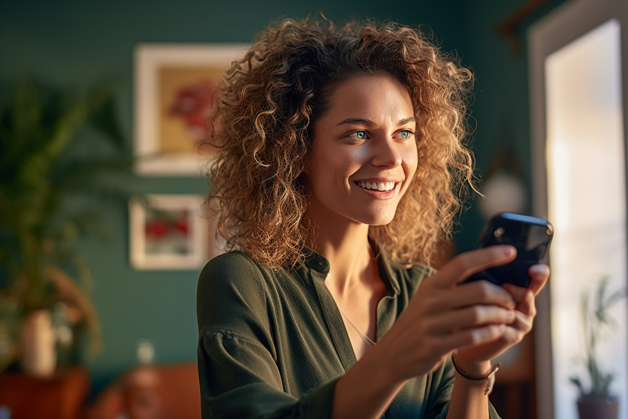 Charming woman on phone at home