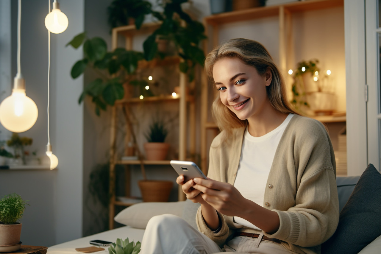 Charming woman on phone at home