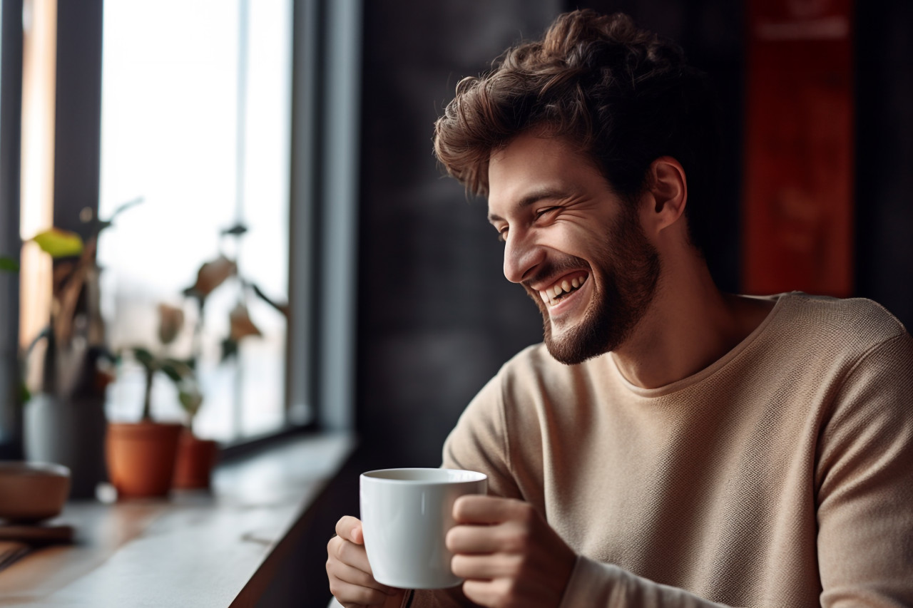 A photo of a young guy holding a cup of coffee and smiling