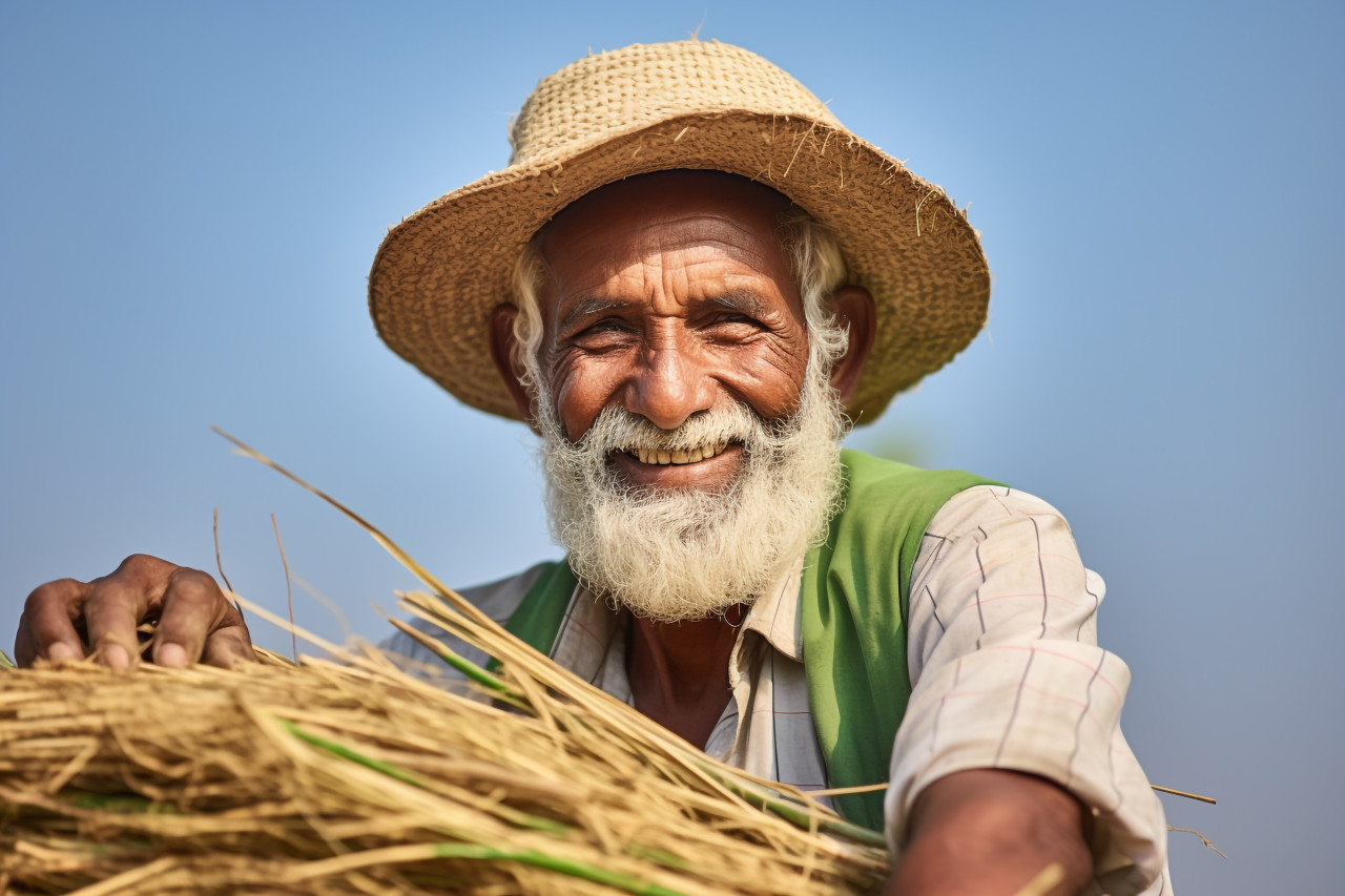 Happy indian farmer portrait in rural india