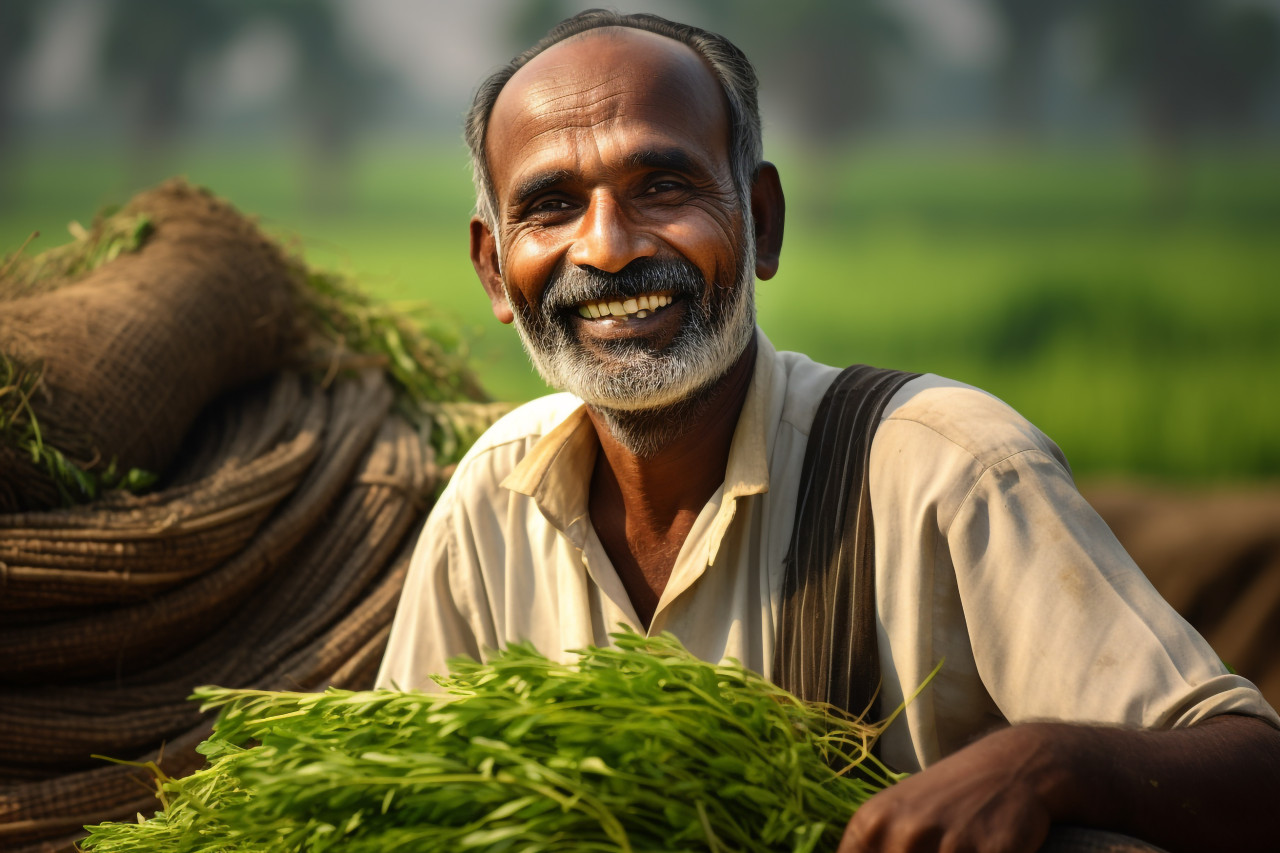 Happy indian farmer portrait in rural india