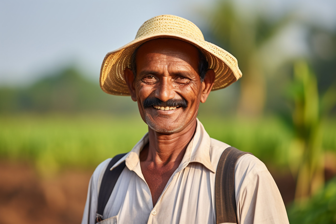Happy indian farmer portrait in rural india