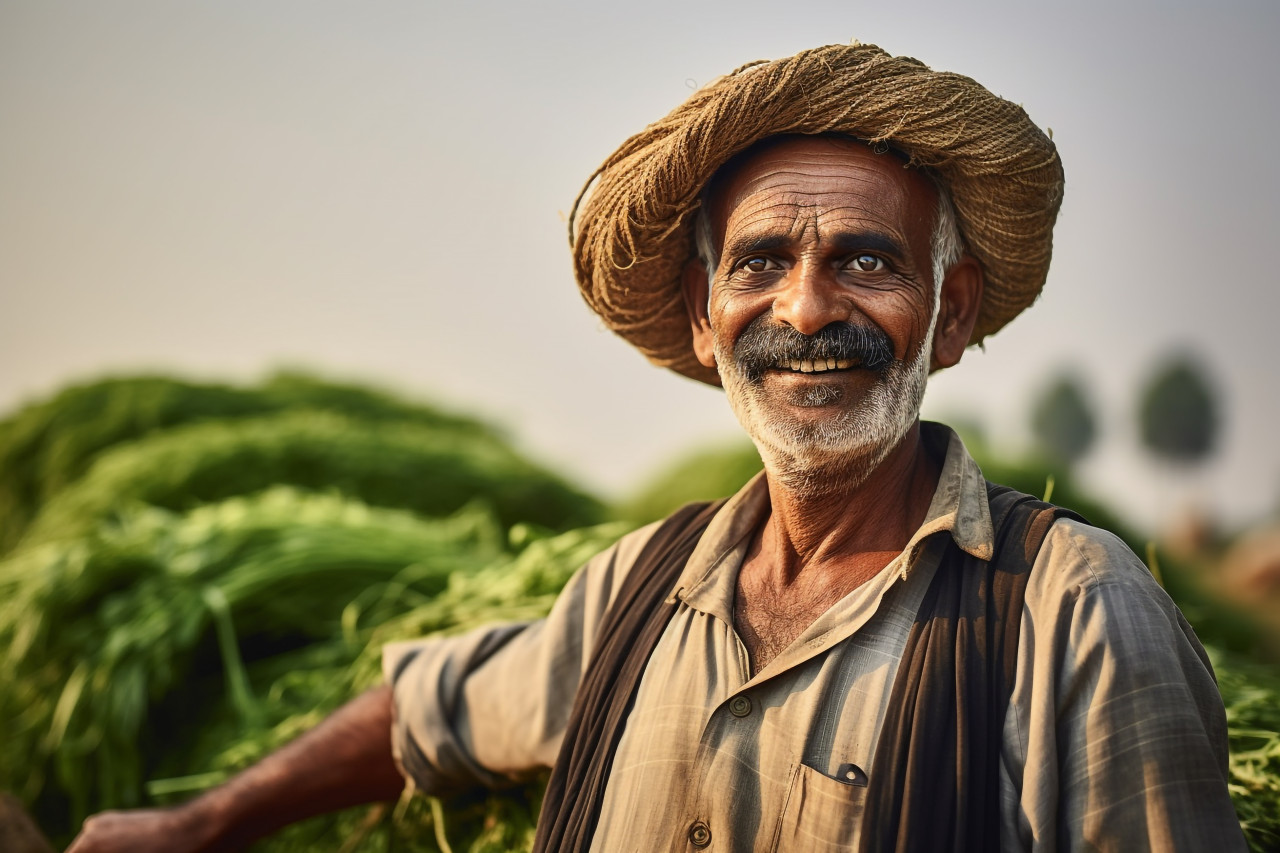 Happy indian farmer portrait in rural india