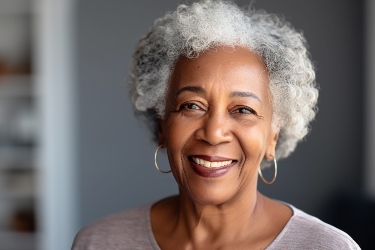 Happy old black woman photo at home