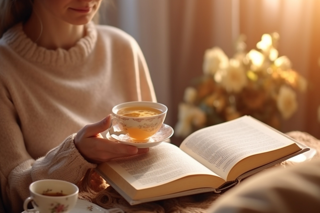 Photo of person relaxing at home with tea and book