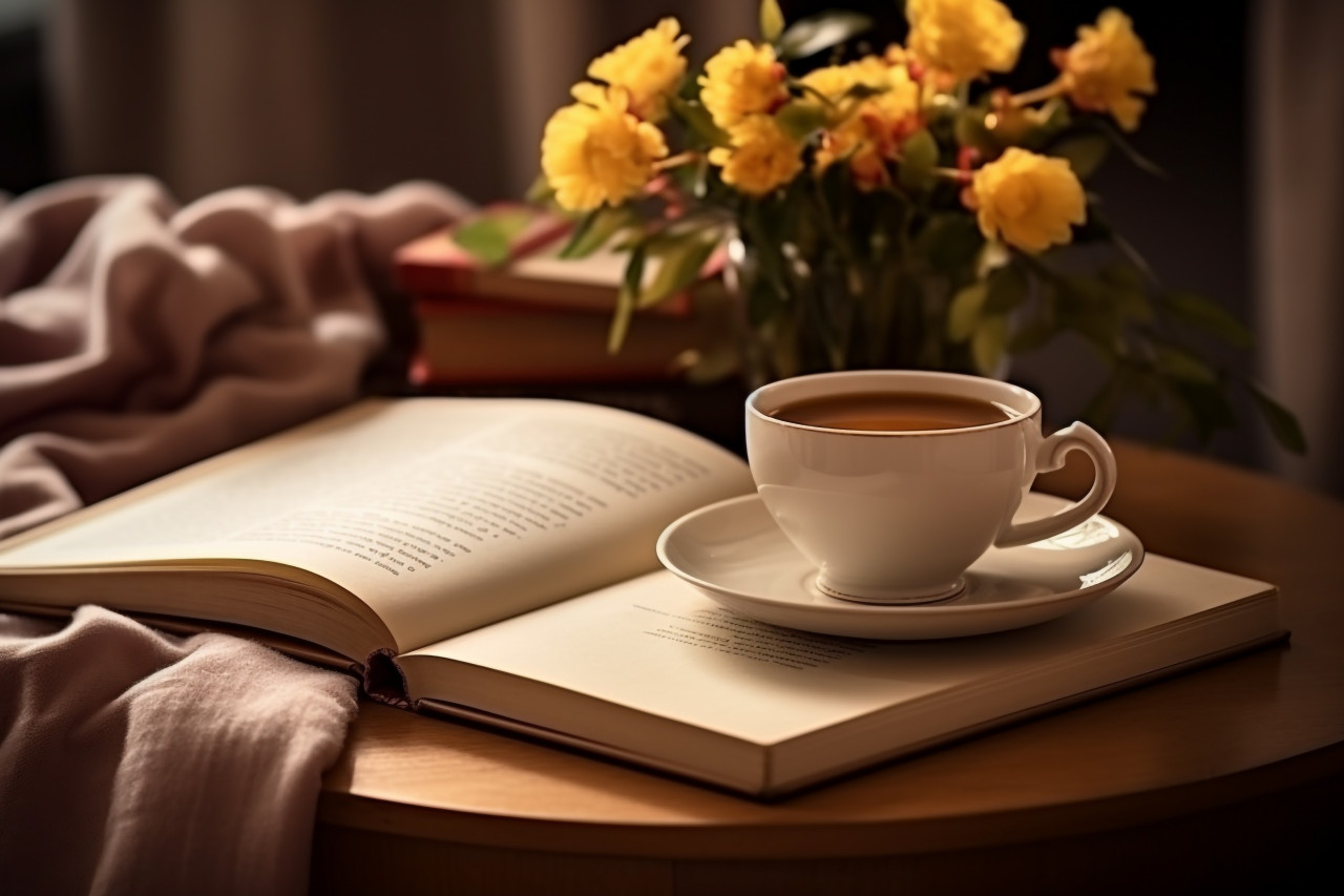 Photo of person relaxing at home with tea and book