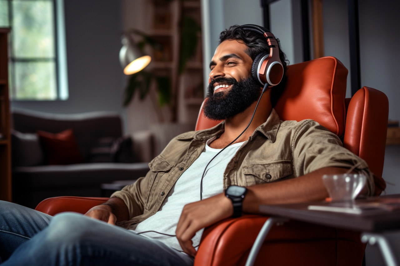 Indian man relaxing at home listening to music