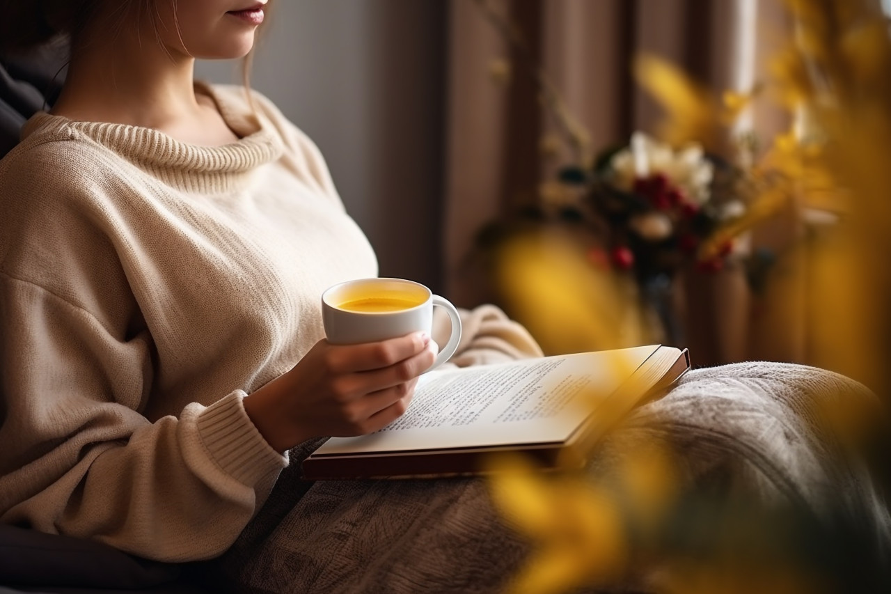 Photo of person relaxing at home with tea and book